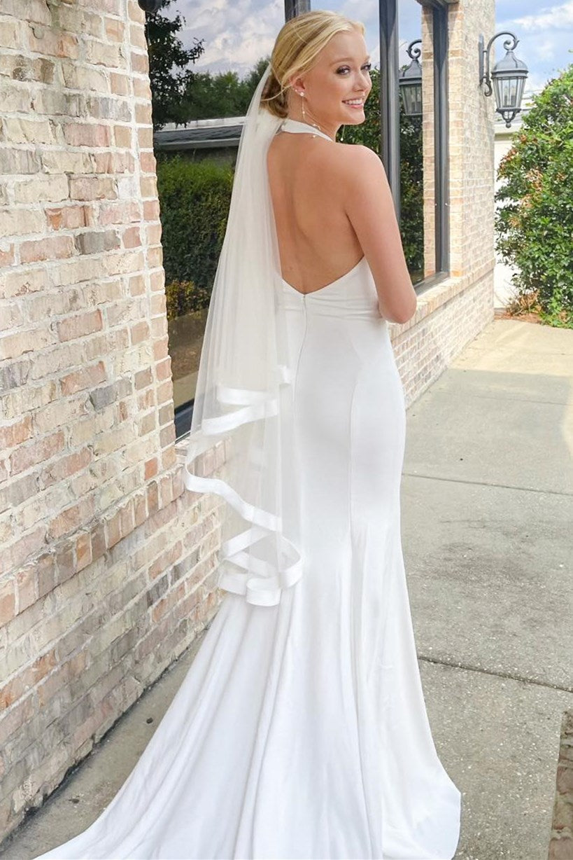White Halter Mermaid Long Wedding Dress with Slit Modsele White Halter Mermaid Long Wedding Dress with Slit Modsele