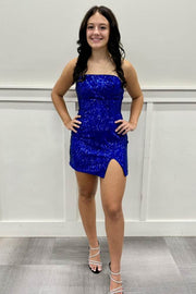 Royal Blue Strapless Tight Slit Short Homecoming Dress