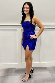 Royal Blue Strapless Tight Slit Short Homecoming Dress