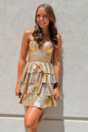 Strapless Gold Metallic A-Line Ruffle Homecoming Dress