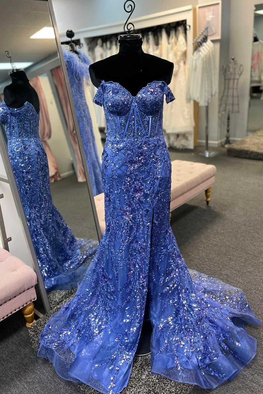 Off-the-Shoulder Blue Sequin Lace Mermaid Long Dress with Slit