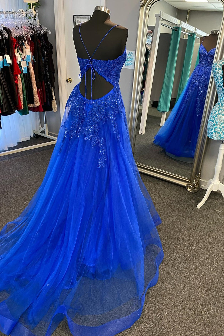 Royal Blue V-Neck Lace-Up Long Gown with Appliques