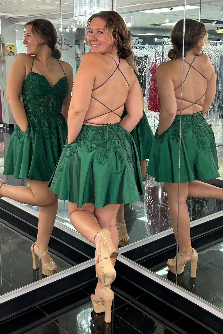 Green Appliques Sweetheart Lace-Up A-Line Short Party Dress