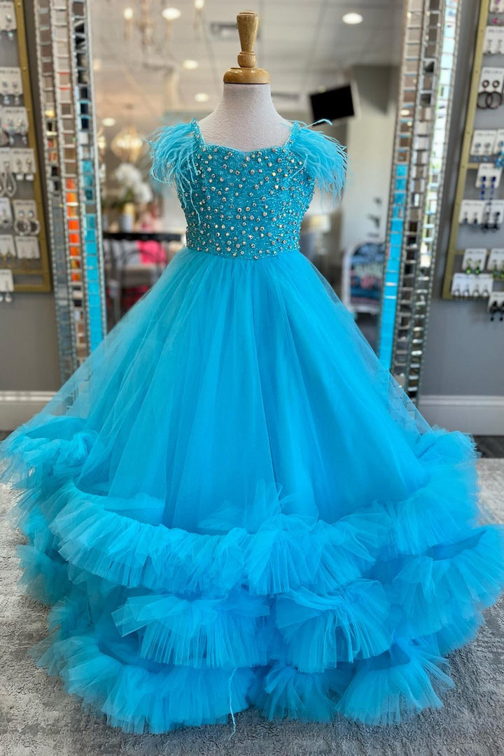 White Beaded A-Line Multi-Layer Girl Pageant Dress with Feathers