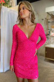 Barbie Pink Sequin V-Neck Backless Short Gown with Long Sleeves