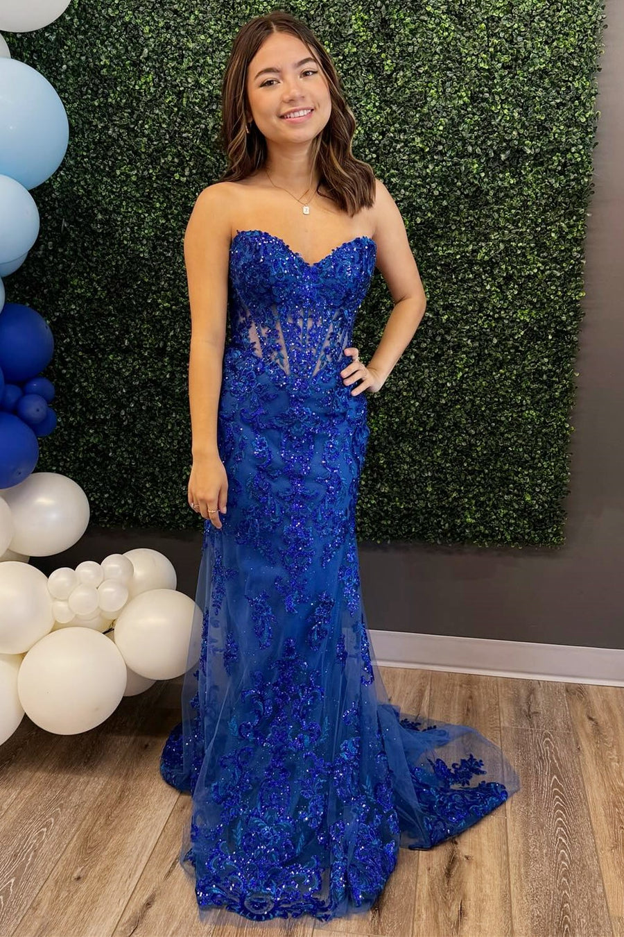 Blue Appliques Sweetheart Lace-Up Mermaid Long Formal Dress