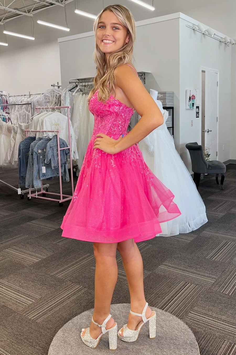 Hot Pink Tulle Sequin Lace-Up A-Line Short Dress