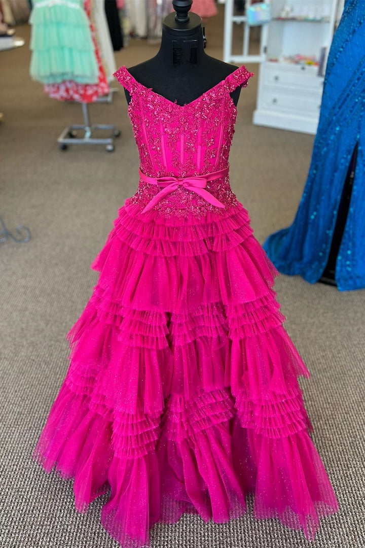 White Off-the-Shoulder Tiered Girl Pageant Dress with Ruffles