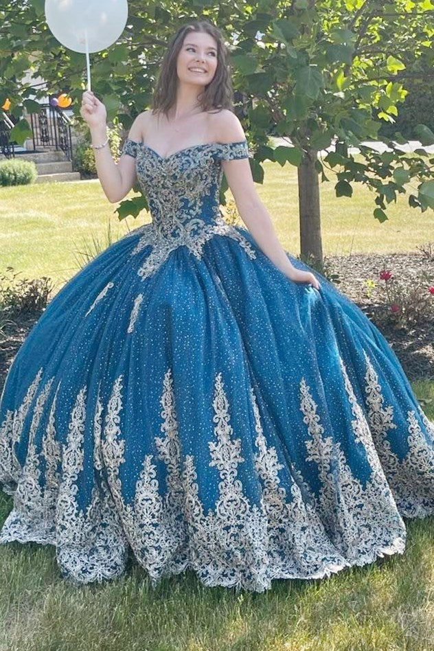Sparkly Navy Blue Off-the-Shoulder Ball Gown