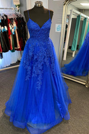 Royal Blue V-Neck Lace-Up Long Gown with Appliques