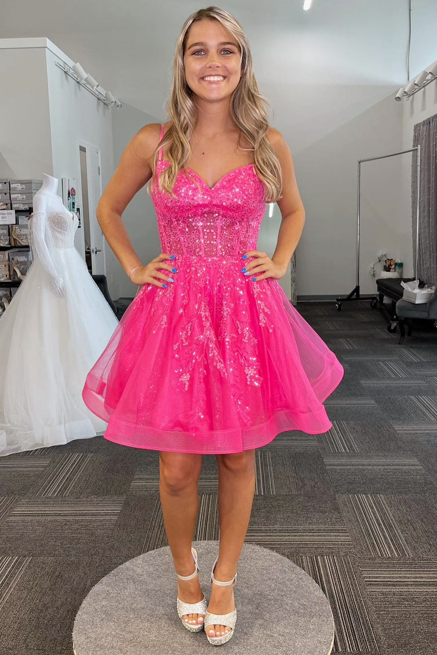 Hot Pink Tulle Sequin Lace-Up A-Line Short Dress Modsele Hot Pink Tulle Sequin Lace-Up A-Line Short Dress Modsele
