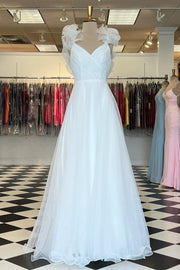 White Organza Surplice Ruffles A-Line Long Prom Dress