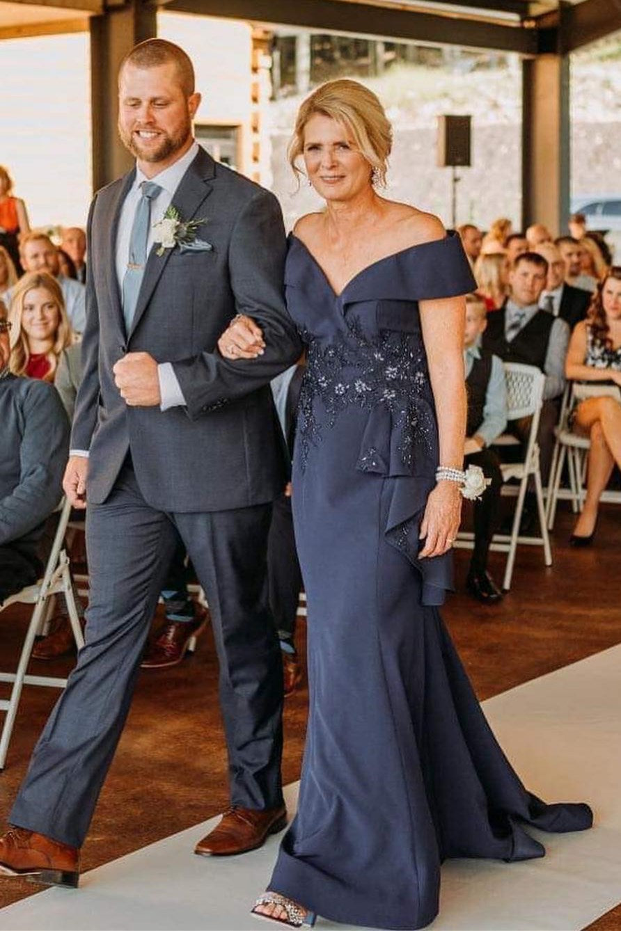 Dark Blue Off-the-Shoulder Appliques Ruffle Mother of the Bride Dress