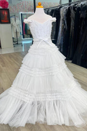 White Off-the-Shoulder Tiered Girl Pageant Dress with Ruffles