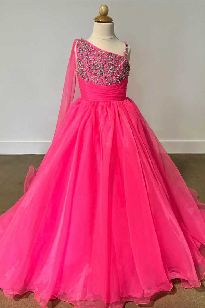 Asymmetrical White Beaded A-Line Long Girl Pageant Dress