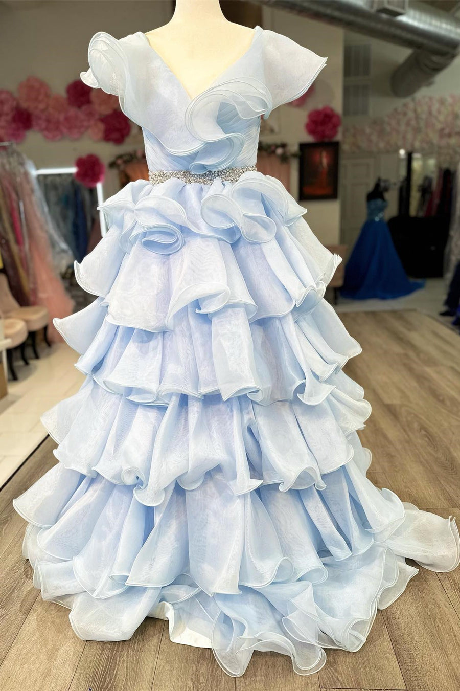 Light Blue Ruffle Multi-Layer A-Line Long Prom Dress