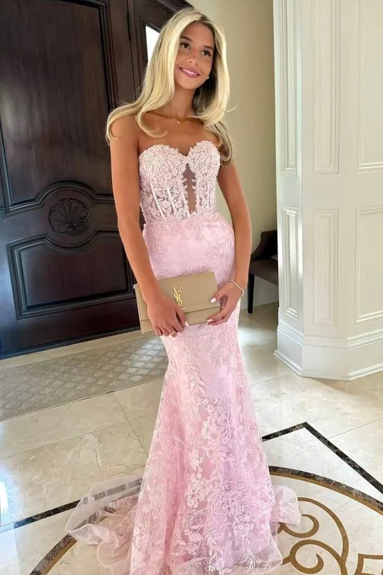 Navy Blue Strapless Sweetheart Lace Appliques Mermaid Long Prom Dress