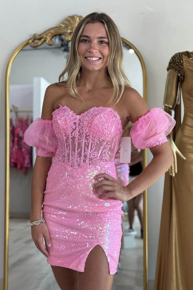 Pink Strapless Applique Bodycon Homecoming Dress wiith Sleeves