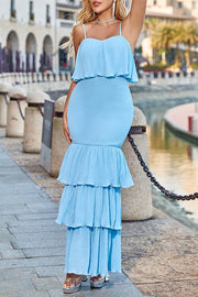 Blue Ruffle Tiered Maxi Dress with Spaghetti Straps