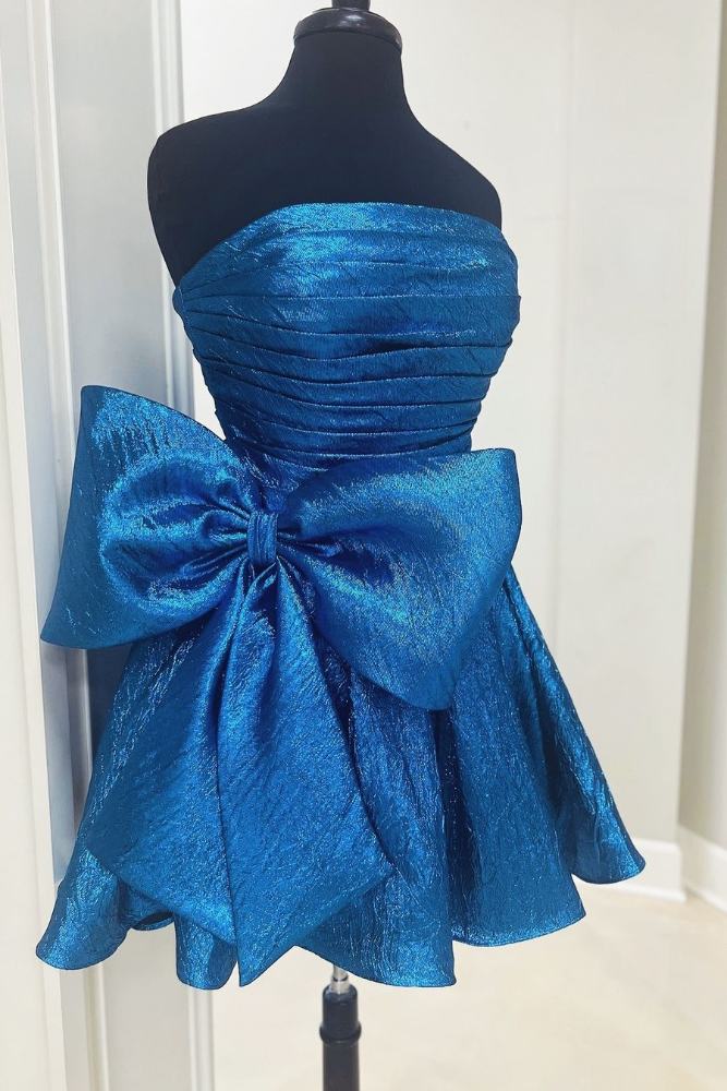 Blue Straps A-line Pleated Homecoming Dress with Bow
