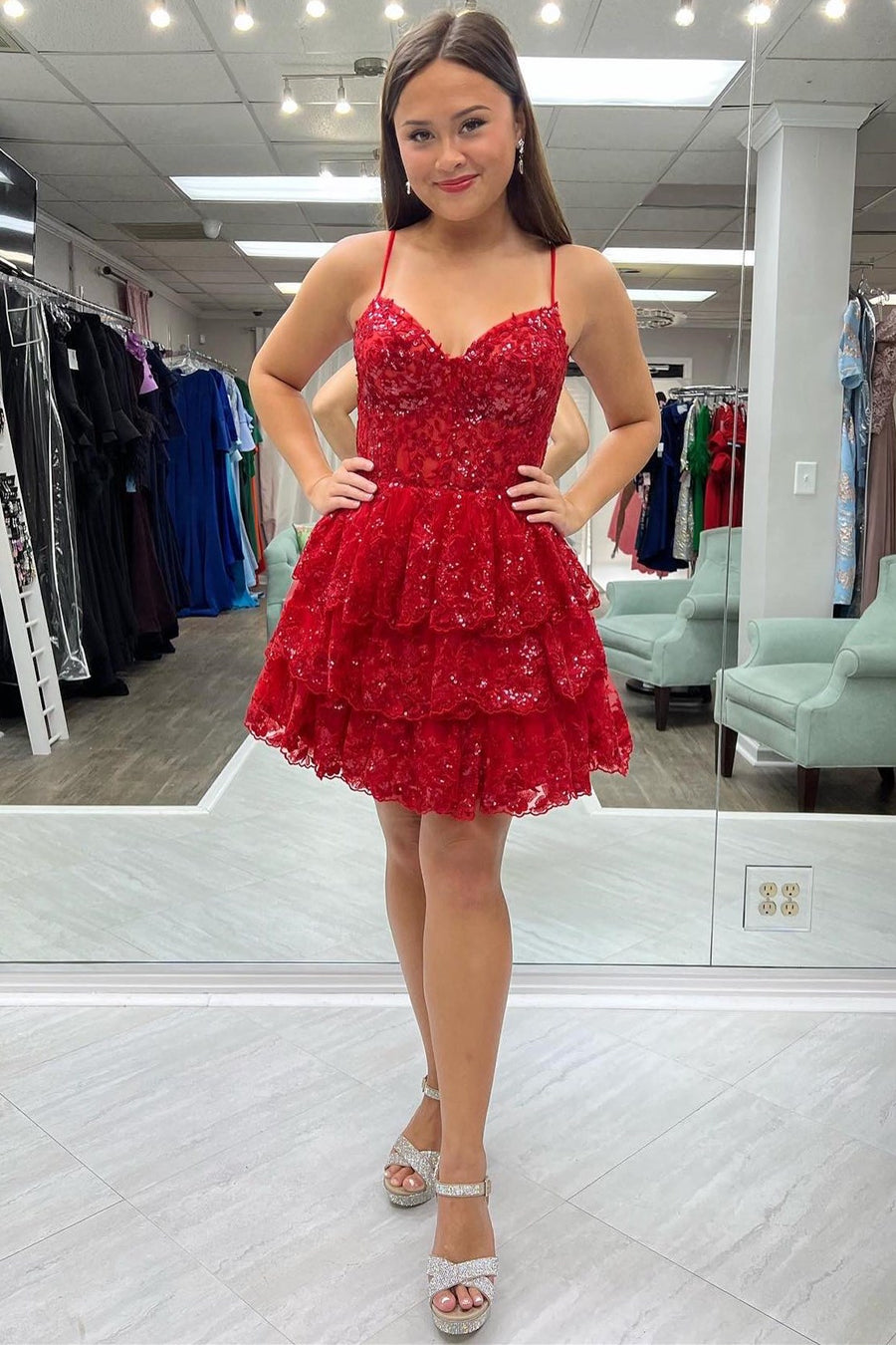 Sweetheart Red Lace Corset Tiered Short Homecoming Dress