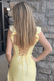 Yellow Straps V-Neck Rhinestones Trumpet Ruched Long Prom Dress with Slit