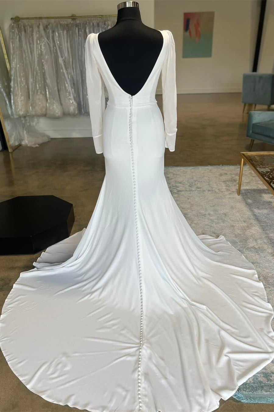 White Plunge V Open Back Long Wedding Dress with Long Sleeves
