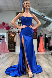 Mermaid Lace Satin Strapless Ruching Long Prom Dress with Slit