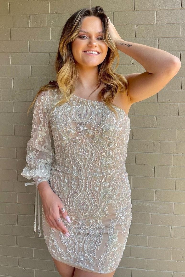 Beige Beaded One-Sleeve Lace-Up Short Gown