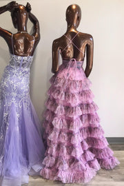 Lilac Print Lace-Up Ruffle Tiered Long Prom Dress