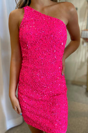 Barbie Pink Sequin One-Shoulder Backless Short Homecoming Dress