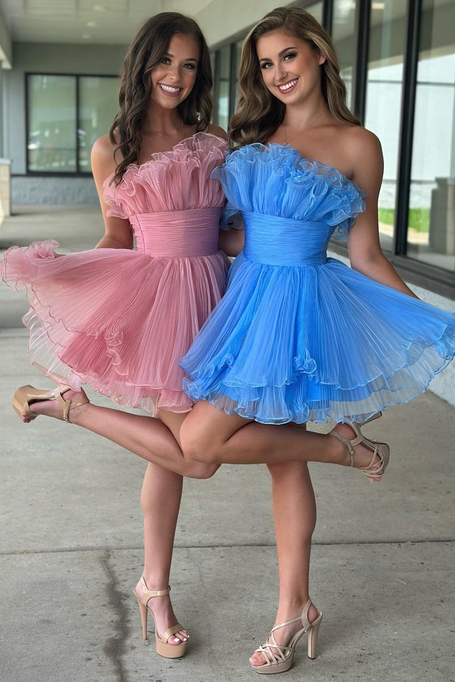 Light Blue Strapless Pleated Short Dress with Ruffles