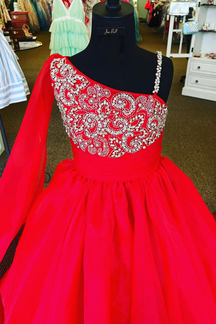 Asymmetrical White Beaded A-Line Long Girl Pageant Dress