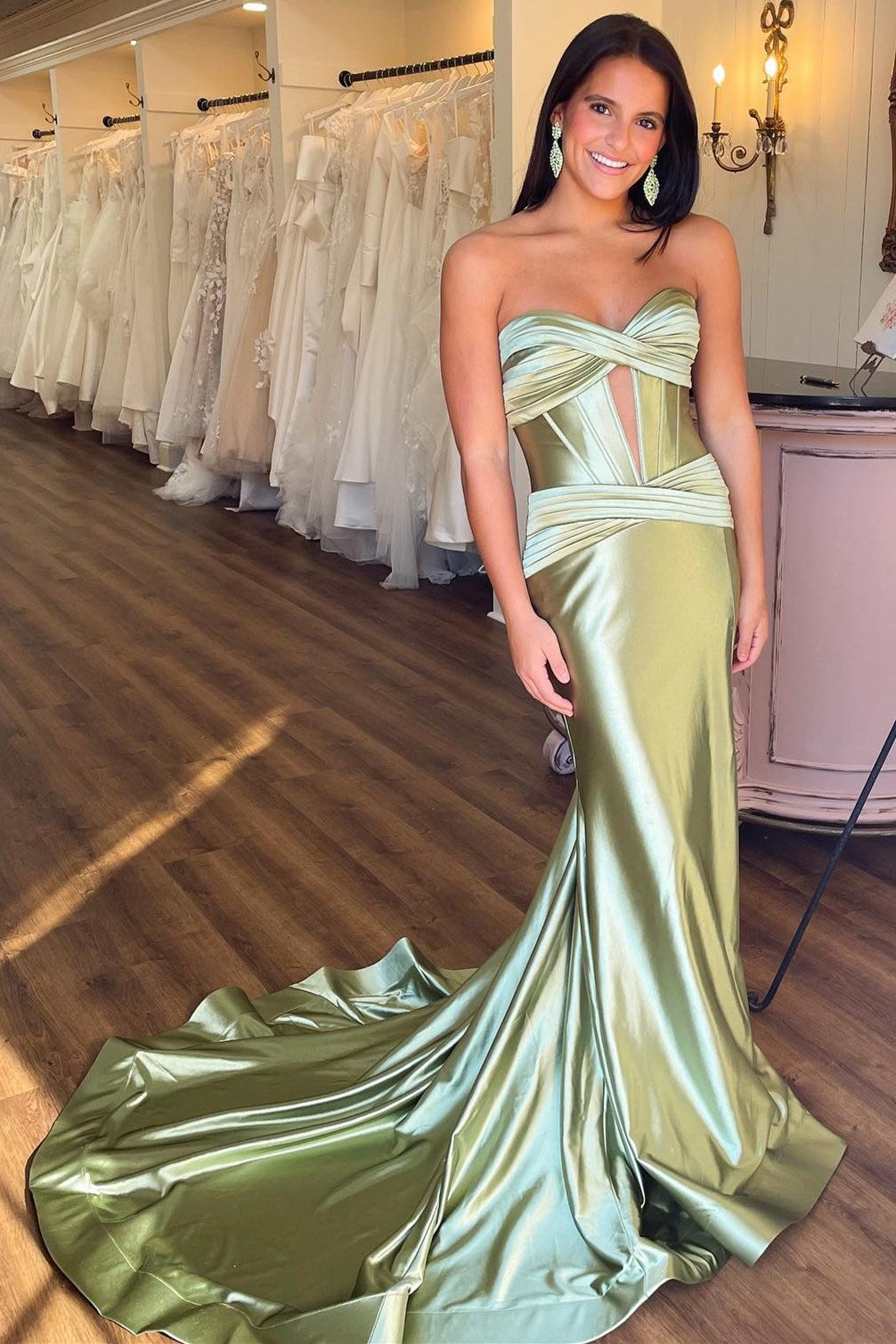 Classy Strapless Keyhole Mermaid Satin Long Prom Dress with Slit