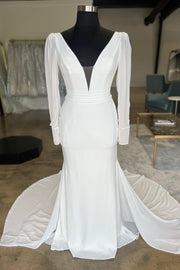 White Plunge V Open Back Long Wedding Dress with Long Sleeves