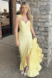 Yellow Straps V-Neck Rhinestones Trumpet Ruched Long Prom Dress with Slit