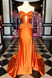 Burnt Orange Strapless Keyhole Mermaid Long Dress with Slit