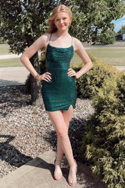 Hunter Green Sequin Lace-Up Mini Homecoming Dress