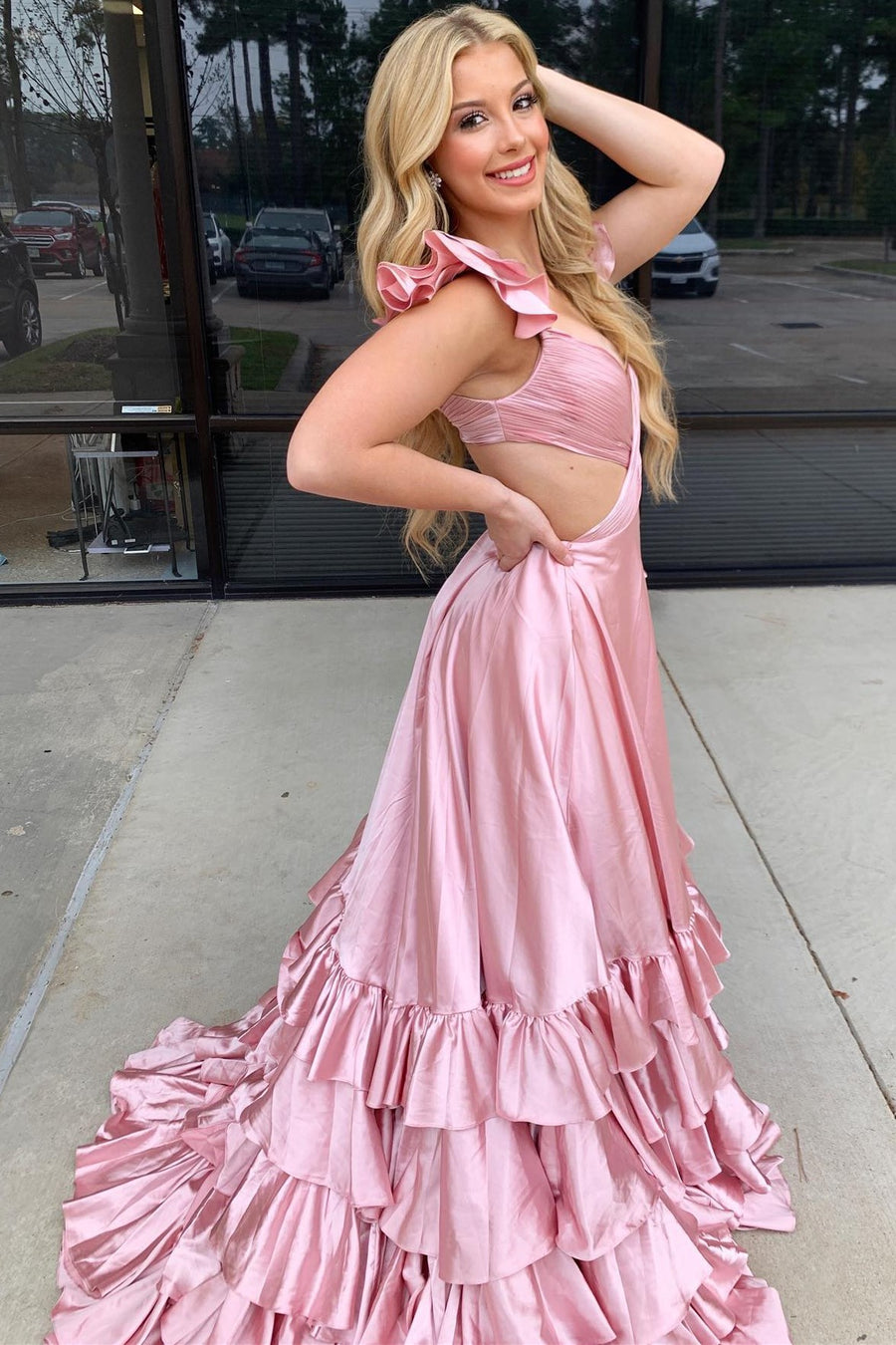 Red Cutout Ruffle A-Line Long Prom Dress with Slit Modsele Red Cutout Ruffle A-Line Long Prom Dress with Slit Modsele