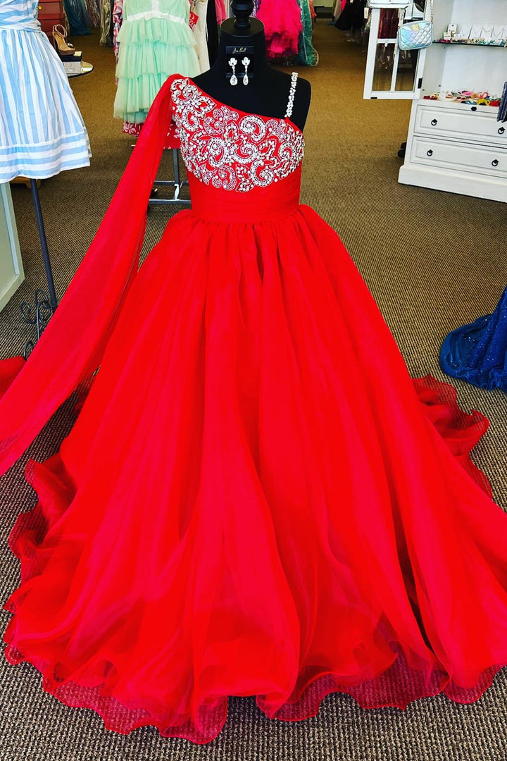 Asymmetrical White Beaded A-Line Long Girl Pageant Dress