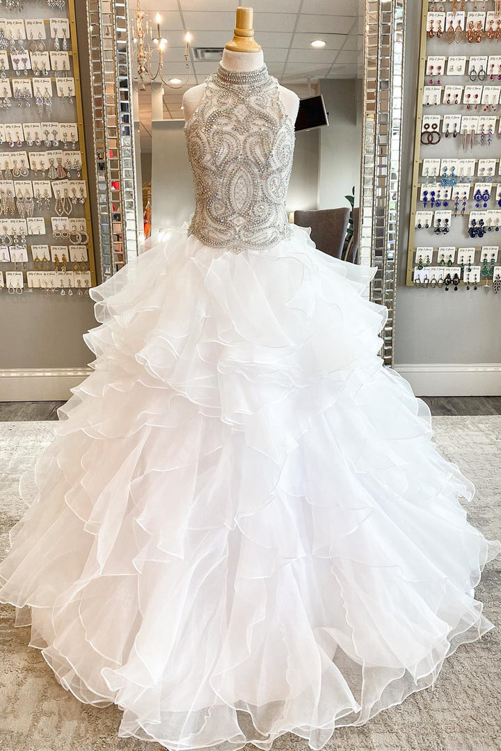 Silver Beaded High-Collar Multi-Layer Long Girl Pageant Dress