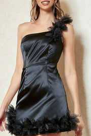 One-Shoulder Black Ruffle Mini Dress