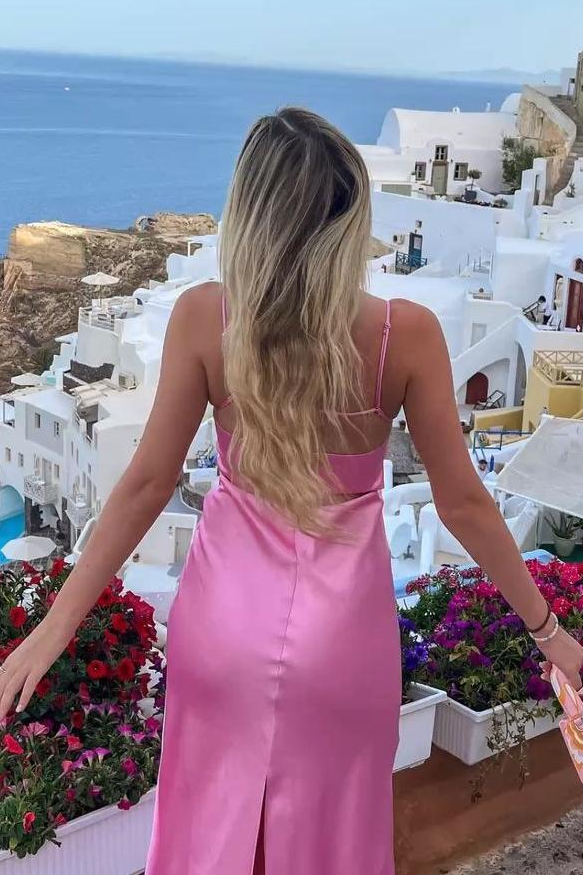 Spaghetti Straps Scoop Neck Satin Pleats Long Formal Prom Dress