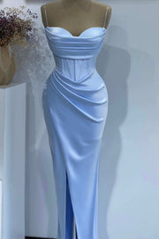 Light Blue Spaghetti Straps Satin Pleated Long Formal Dress with Slit