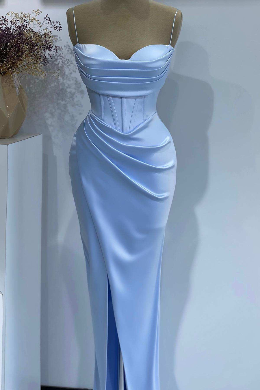 Light Blue Spaghetti Straps Satin Pleated Long Formal Dress with Slit