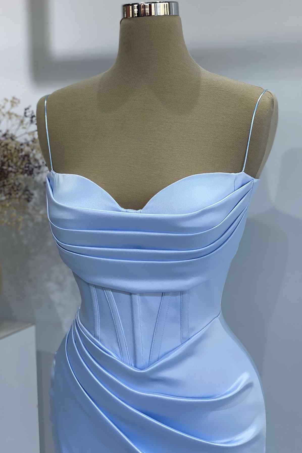 Light Blue Spaghetti Straps Satin Pleated Long Formal Dress with Slit