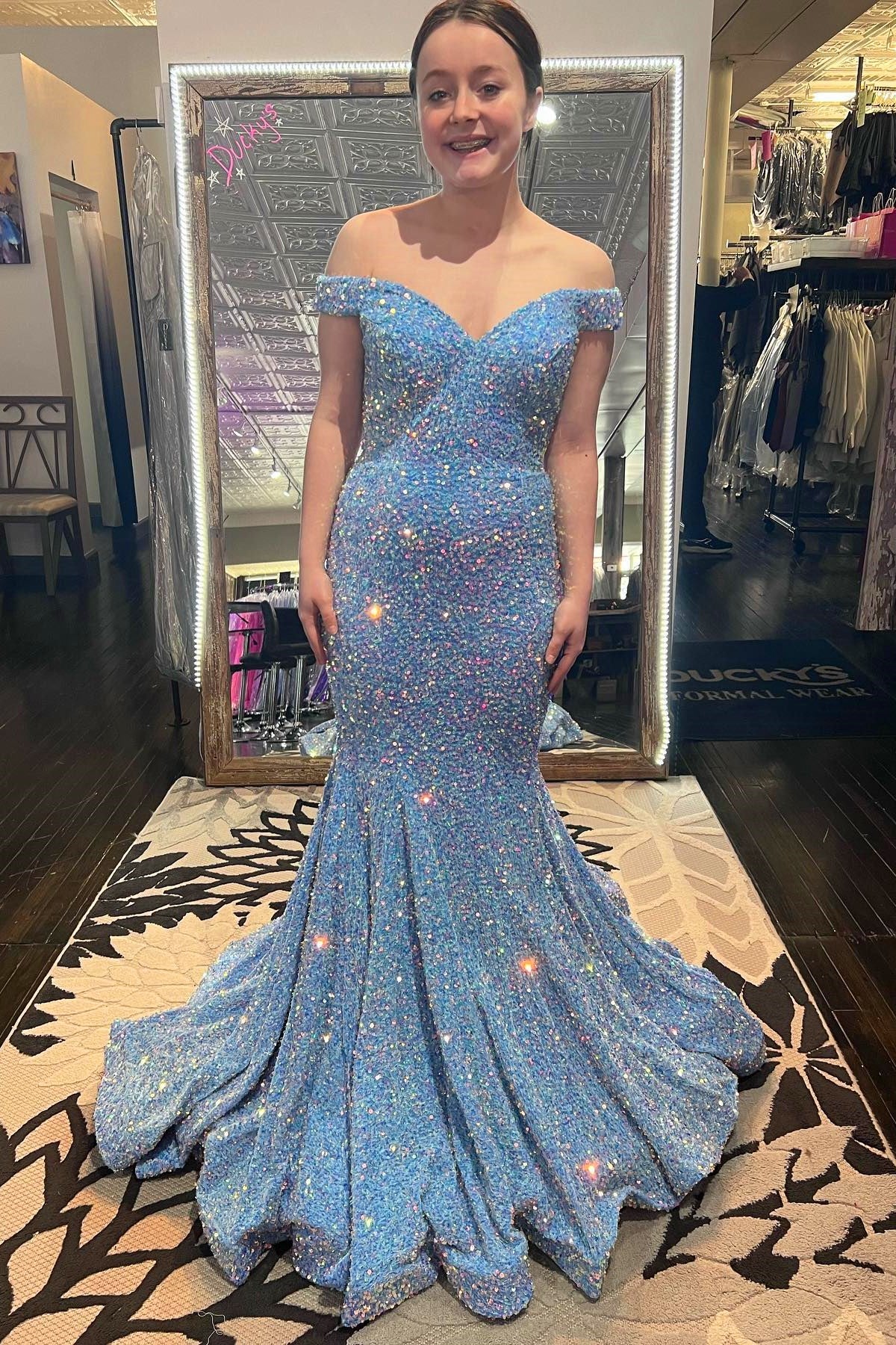 Blue Iridescent Sequin Off-the-Shoulder Trumpet Prom Dress