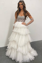 White Beaded Sweetheart Tiered Long Gown with Detachable Sleeves