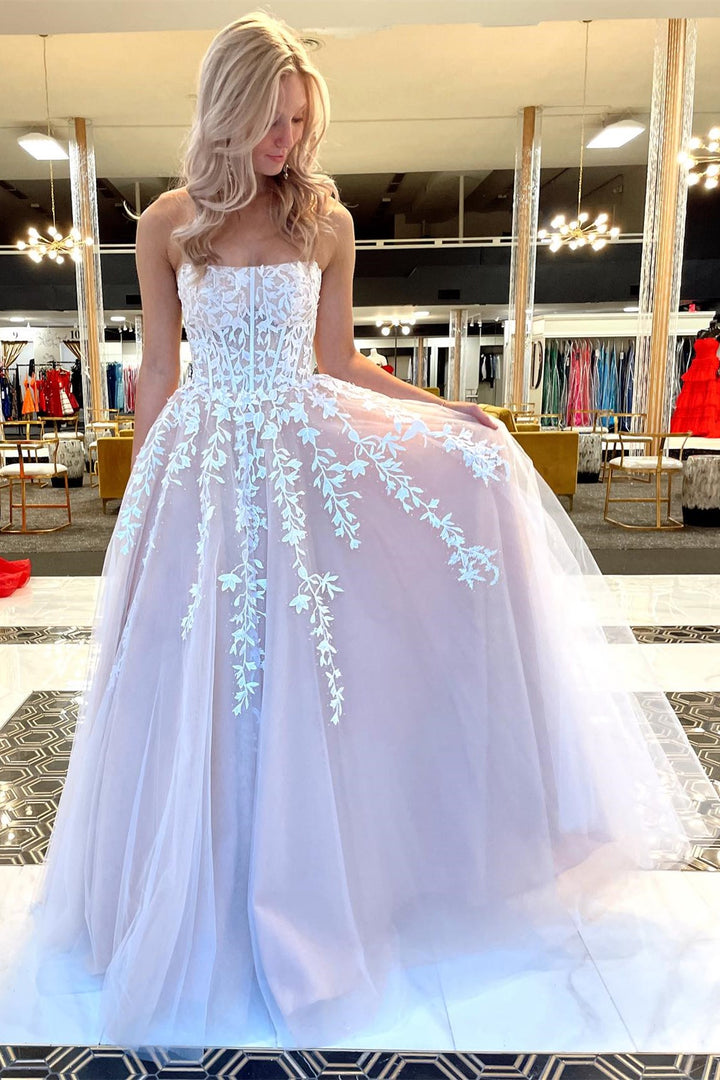 Aqua Blue Appliques Strapless A-Line Long Prom Dress