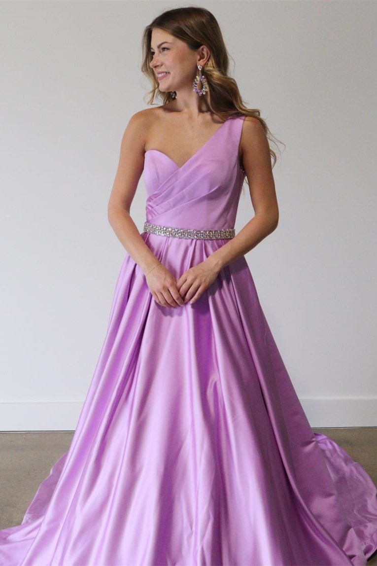 Asymmetrical Lilac Belted A-Line Prom Dress